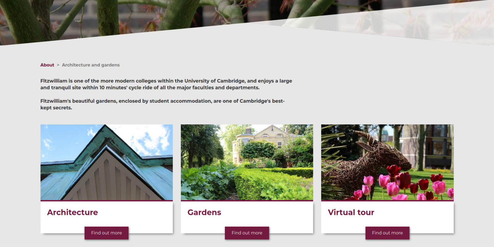 Fitzwilliam College, University of Cambrdge - website page on architecture and gardens