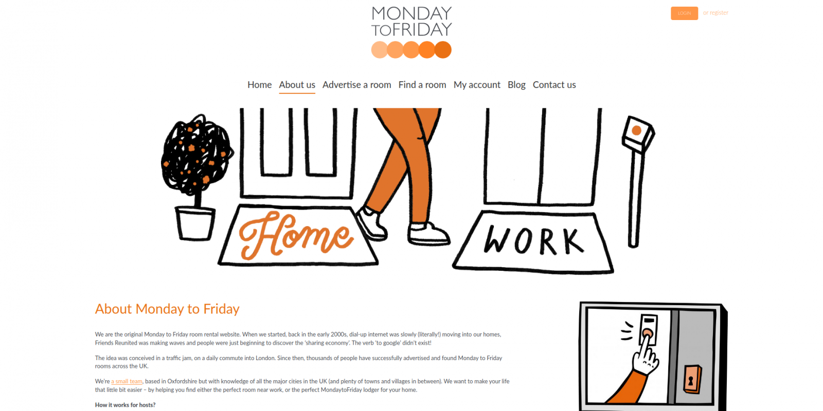Monday to Friday room rental website - about page