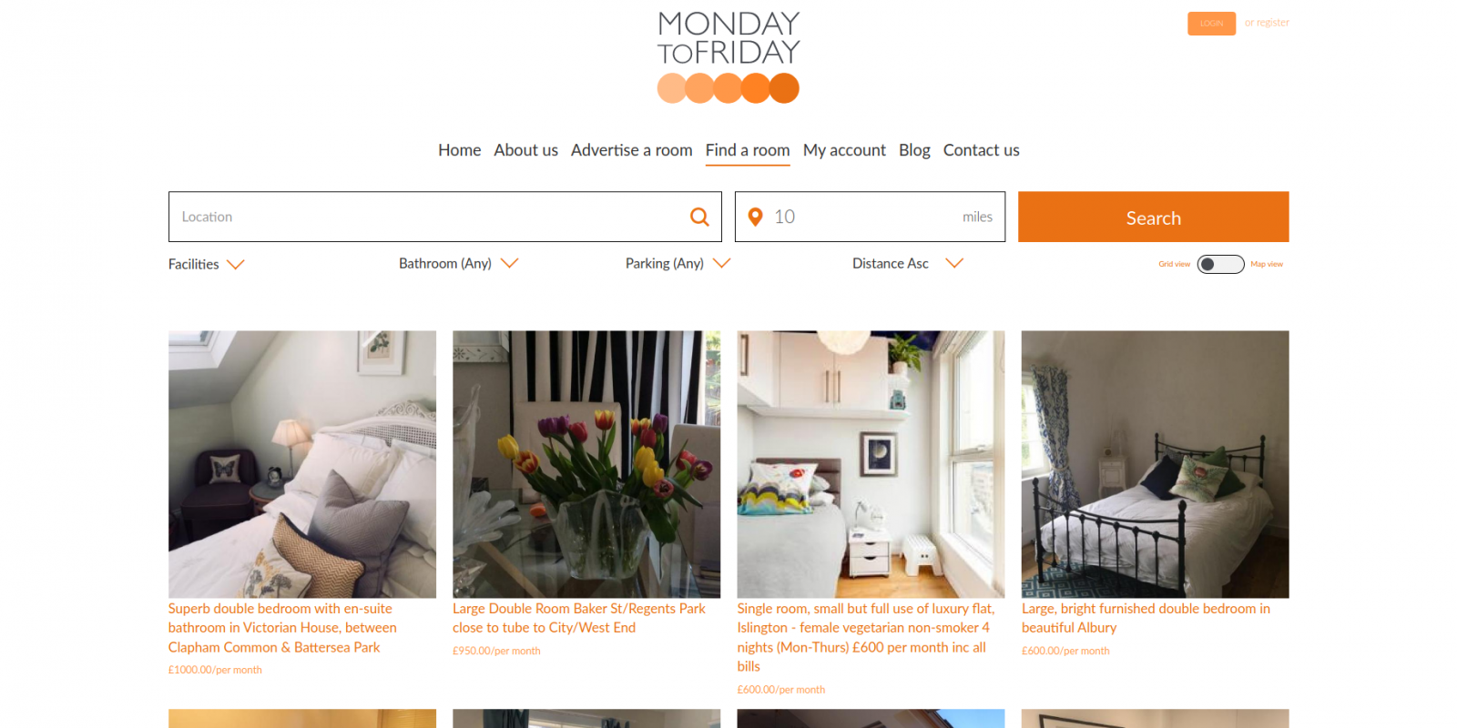 Monday to Friday room rental website - room search page