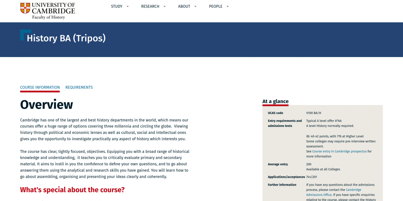 Faculty of History - University of Cambridge - website course detail page